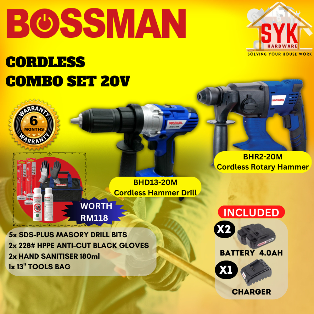 SYK Bossman Combo Set 20V Cordless Hammer Drill Rotary Hammer Battery Wood Mesin Gerudi Bateri Free Gift