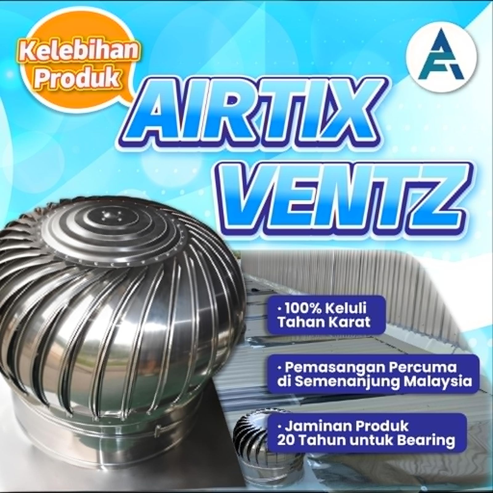 BUY 3 FREE 1 AIRTIX VENTZ Stainless Steel Wind Turbine Ventilator for House / Factory @ MELAKA / MALACCA, BUKIT BERUANG