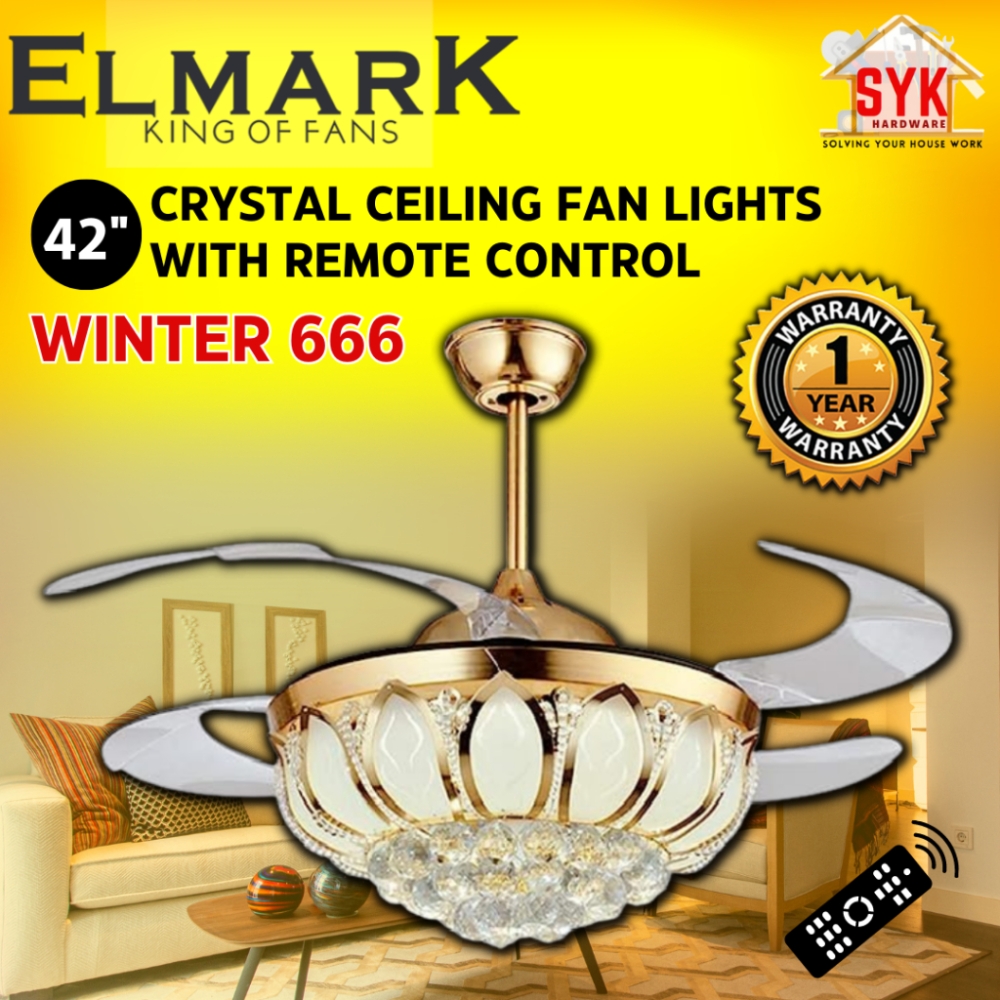 SYK ELMARK WINTER 666 42" 36W Crystal Ceiling Fan LED Lights Remote Control Fan Kipas Siling Lampu Kristal