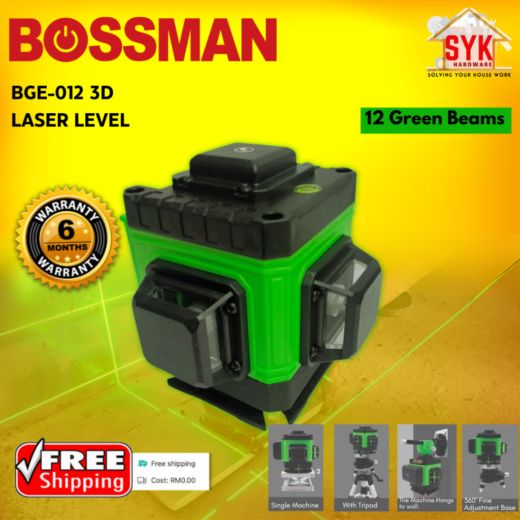 SYK (Free Shipping) BOSSMAN BGE-012 Professional 3D Laser Level Line Laser Measuring Tool Set (12 Green Beams)