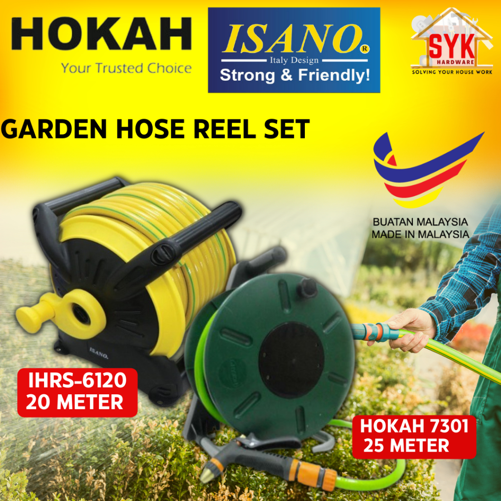 SYK HOKAH 7301 ISANO IHRS-6120 20M 25M Garden Hose Reel Set Outdoor Garden Hose Outdoor Water Pipe Penggulung Getah Paip