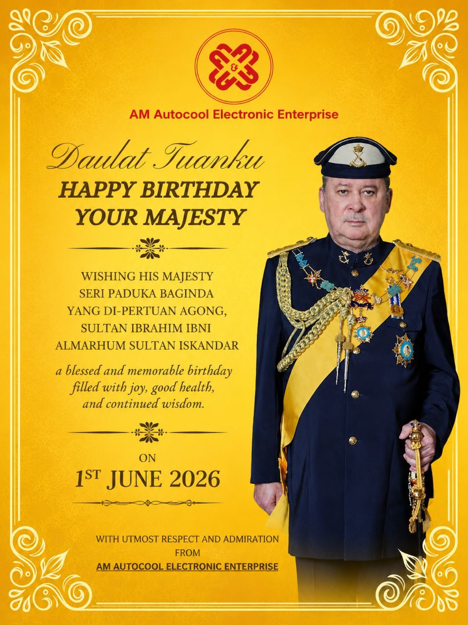 01/06/2026 Sempena hari keputeraan Yang Di Pertuan Agong, selamat bercuti kepada semua ~ 01/06/2026 元首华诞，我们休息一天，祝福大家假期愉快，身体健康，万事如意~ ​ ​#amautocool.com ​#caraircondparts