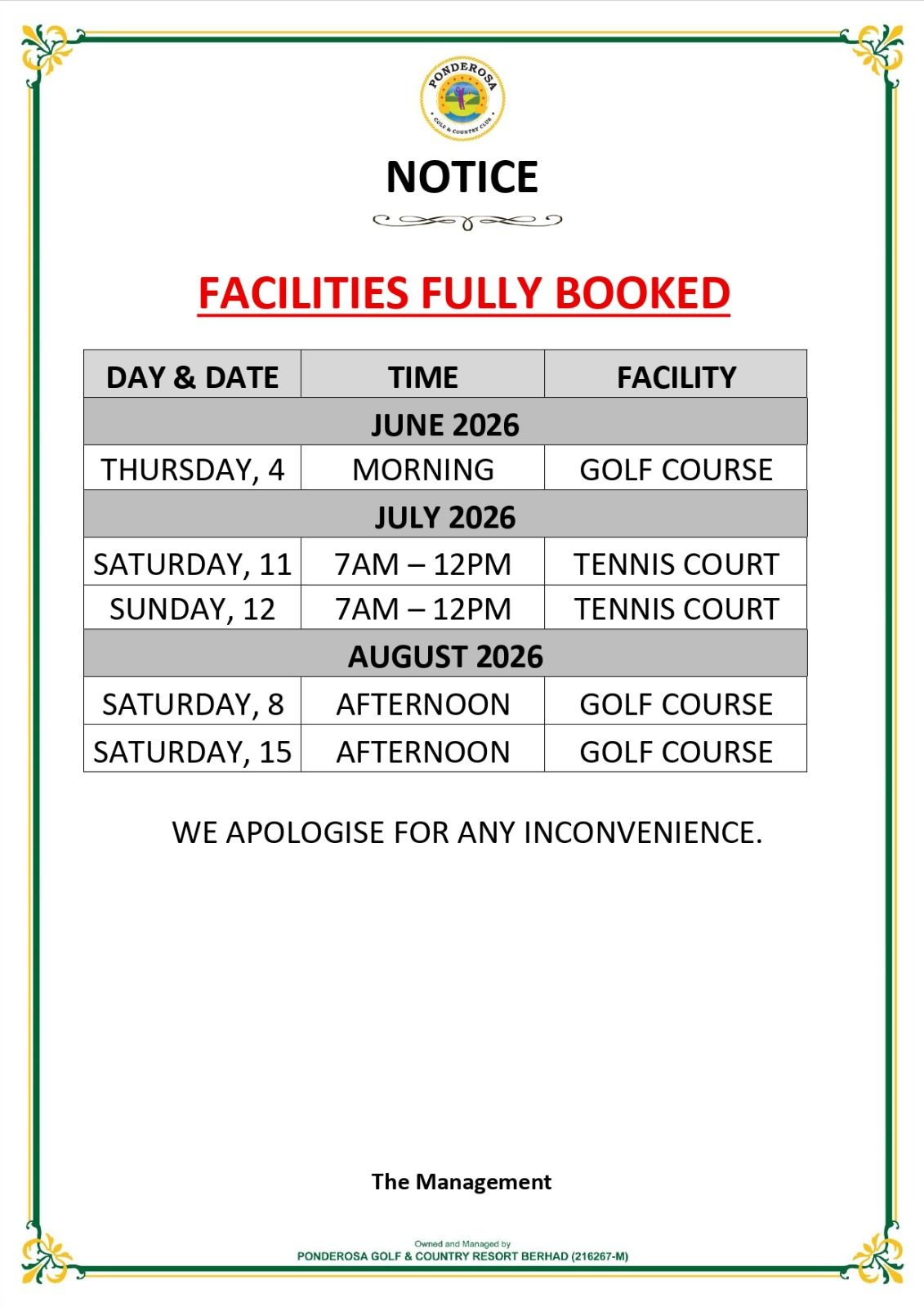 Facilities Fully Booked