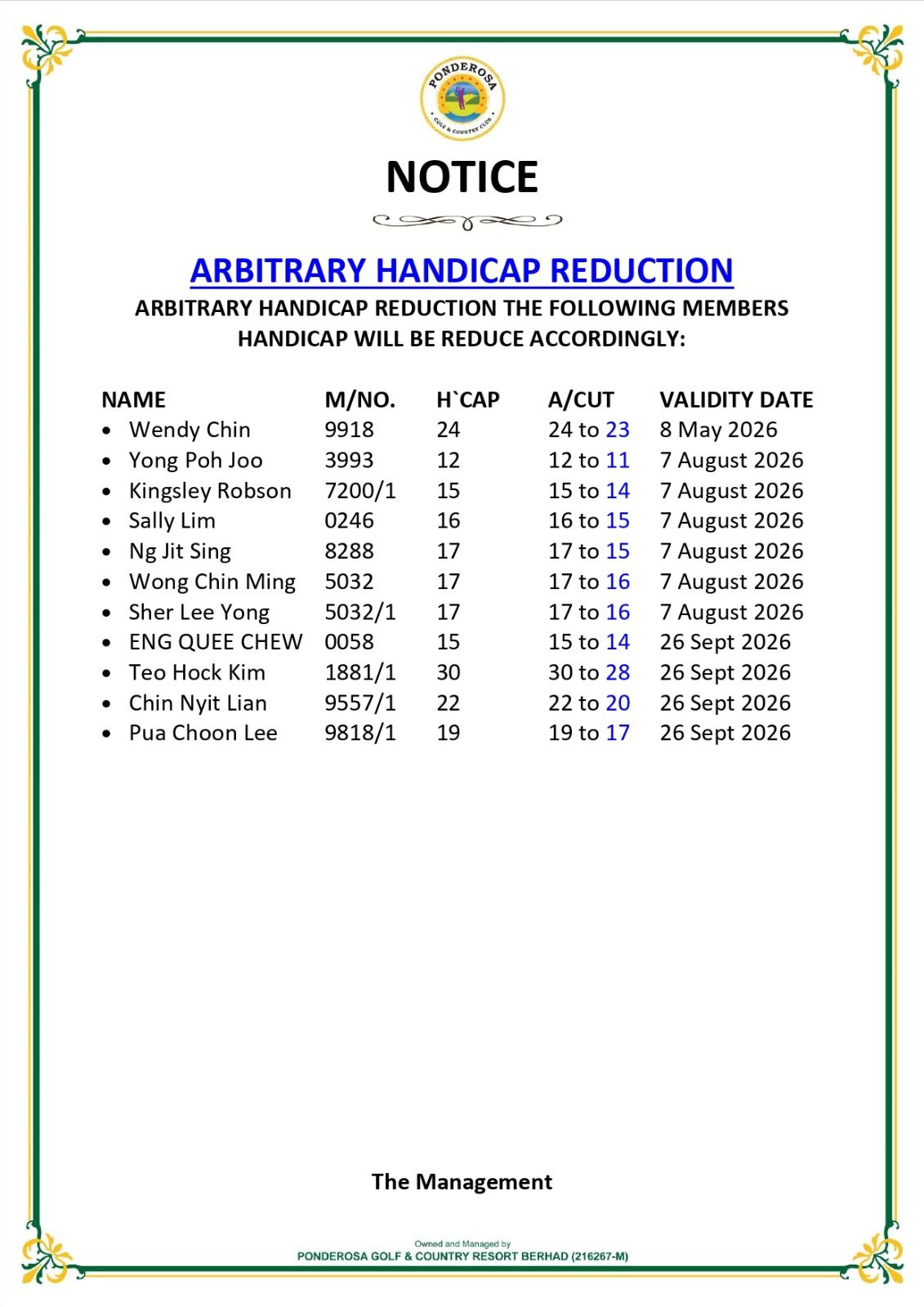 Arbitrary Handicap Reduction 
