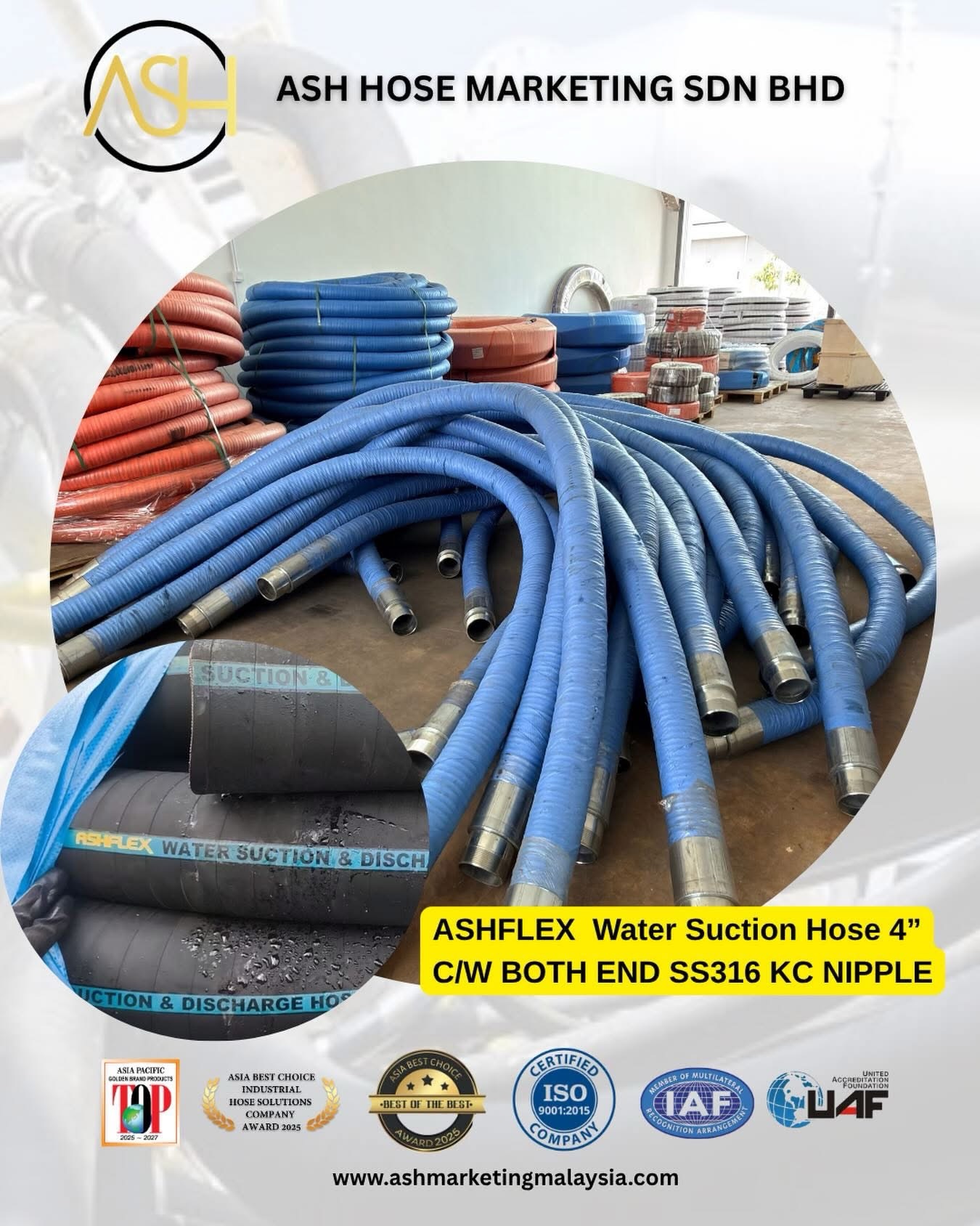 ASHFLEX WATER SUCTION HOSE 4” C/W BOTH END SS316 KC NIPPLE 