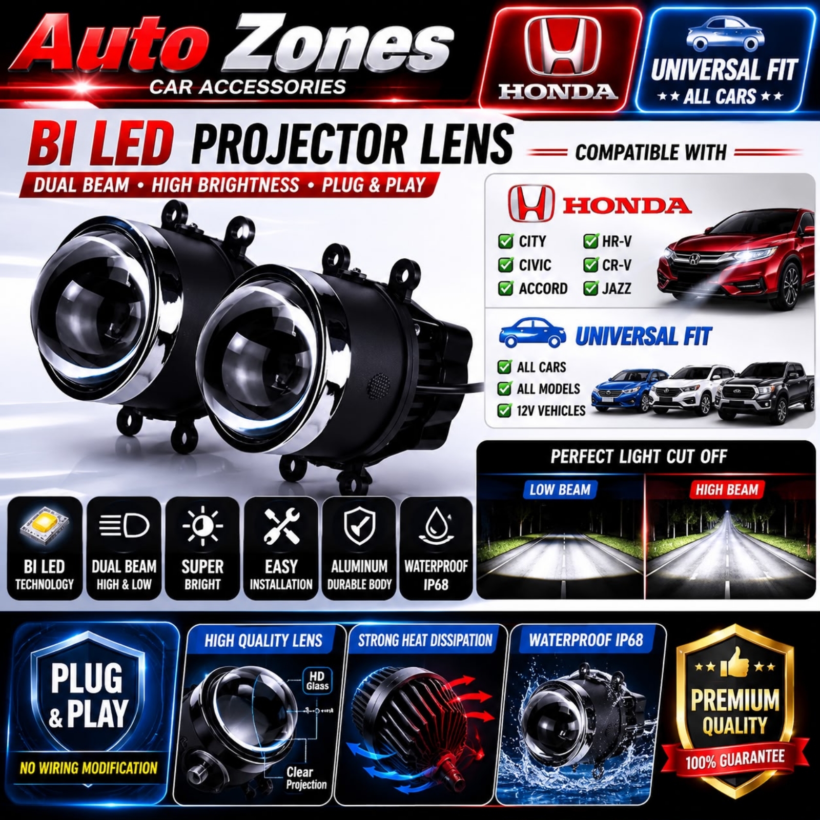 Honda 3inch Fog Lamp Projector LED High/Low Beam Projector Lens Car Driving Lamps