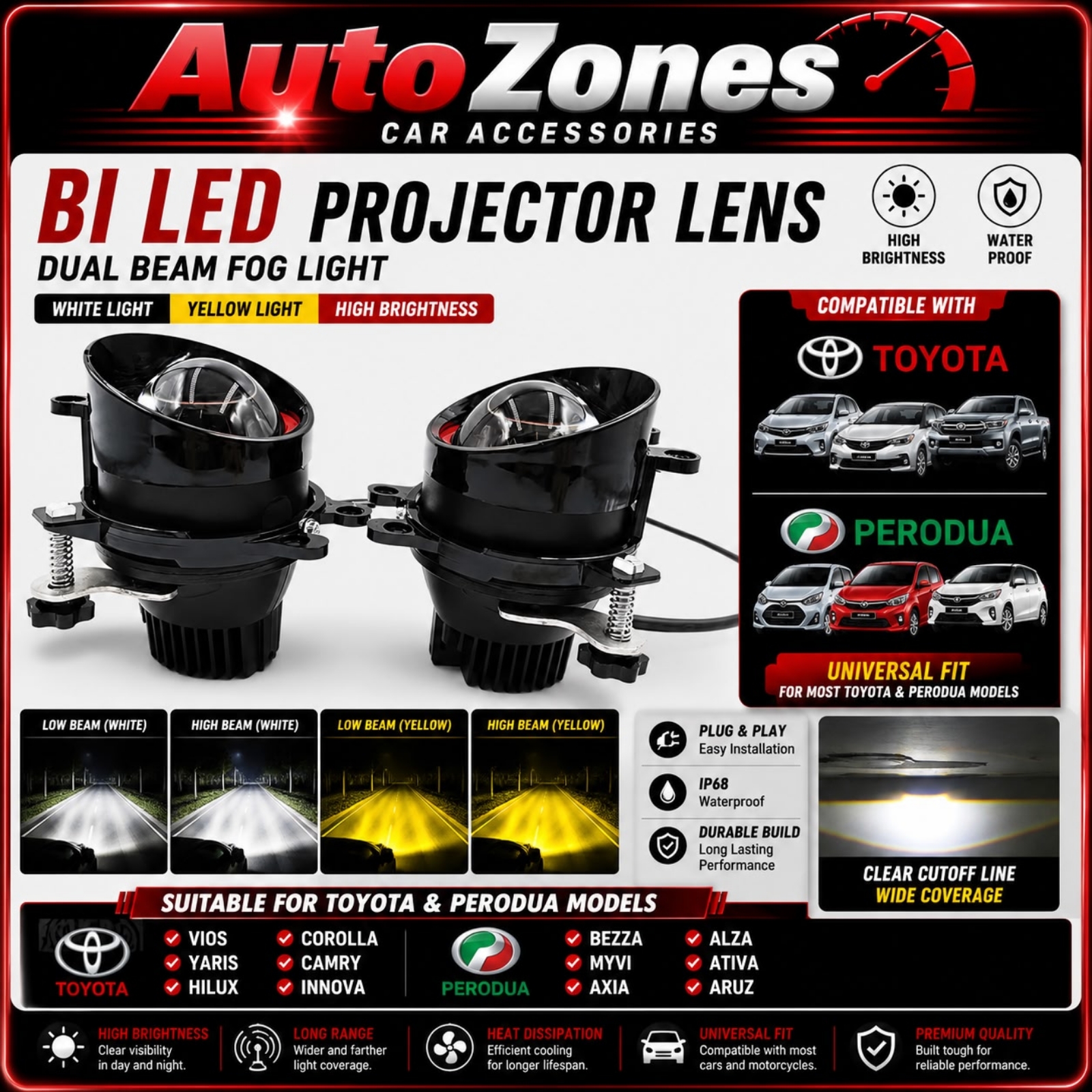 Toyota 3inchFog Lamp Projector LED High/Low Beam Projector Lens Car Driving Lamps