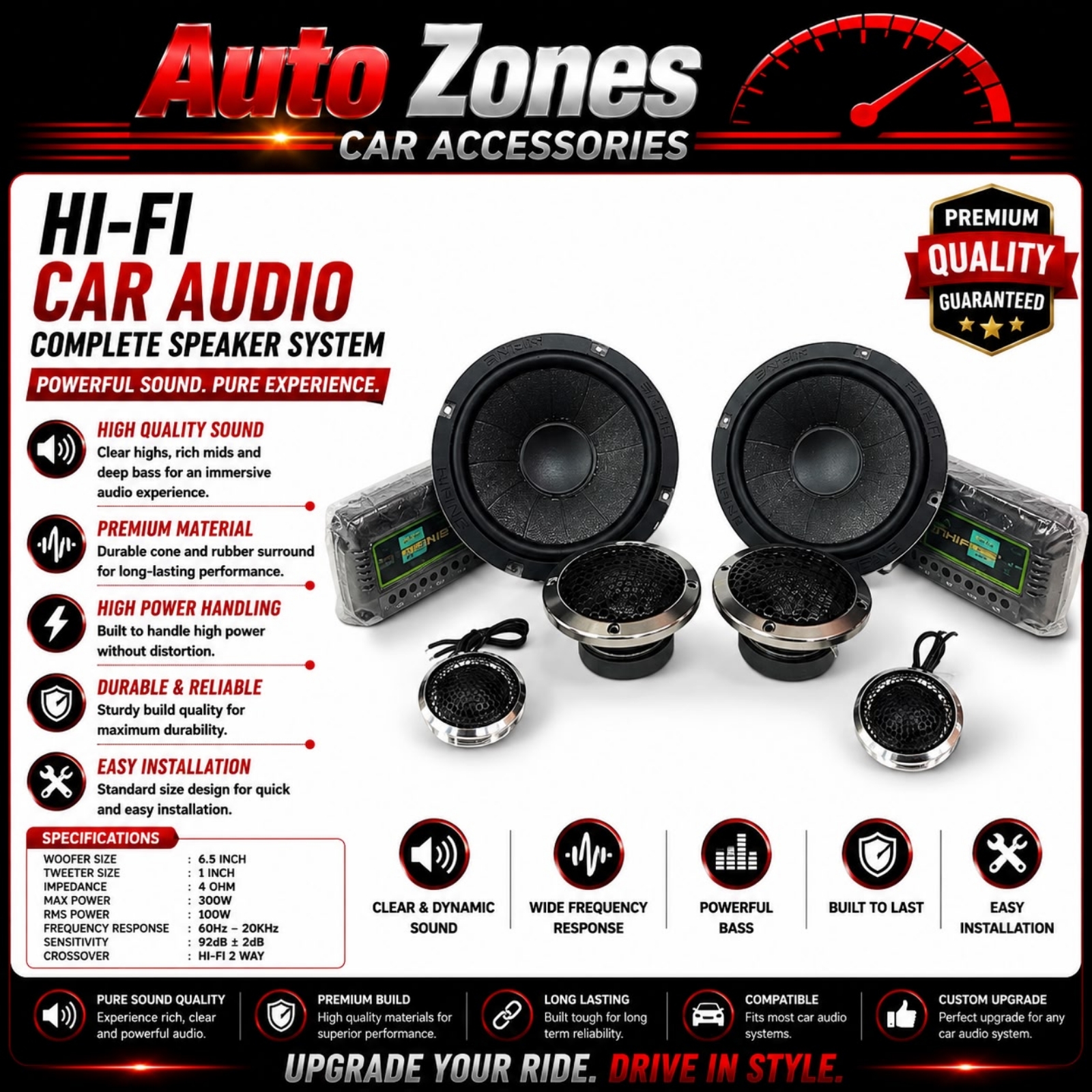 HIFINE 3 Way Component Speaker Set 6.5 Inch Midbass 3 Inch Midrange Silk Tweeter Car Audio Speaker System High Fidelity Sound Upgrade for All Cars