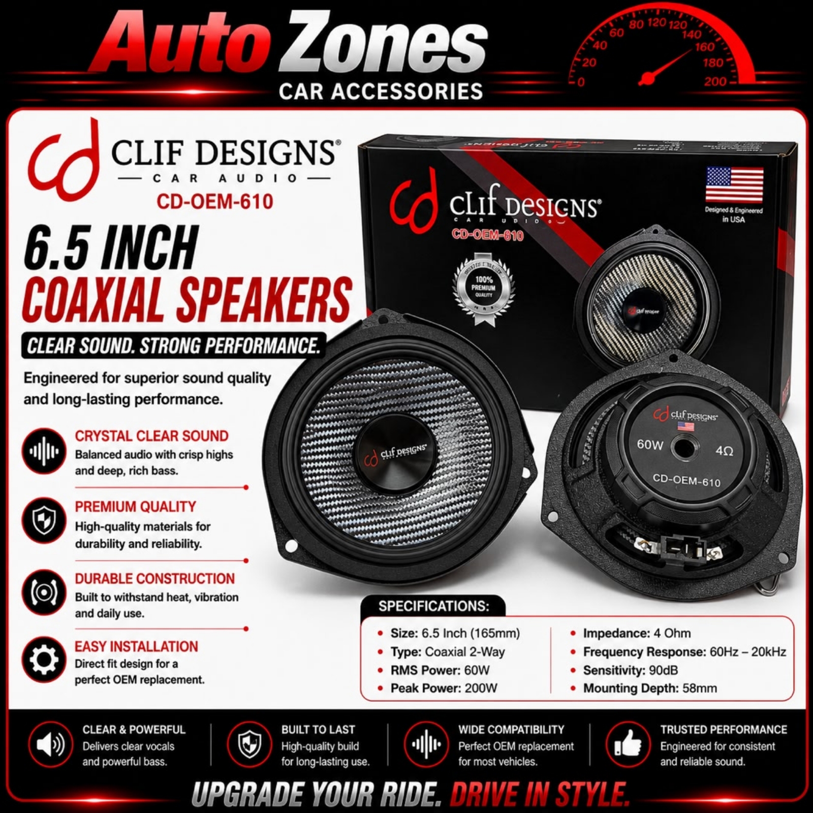 Perodua | Clif Designs CD-OEM-610 bass mid carbon performance plug and play car speaker | myvi alza saga personal ativa