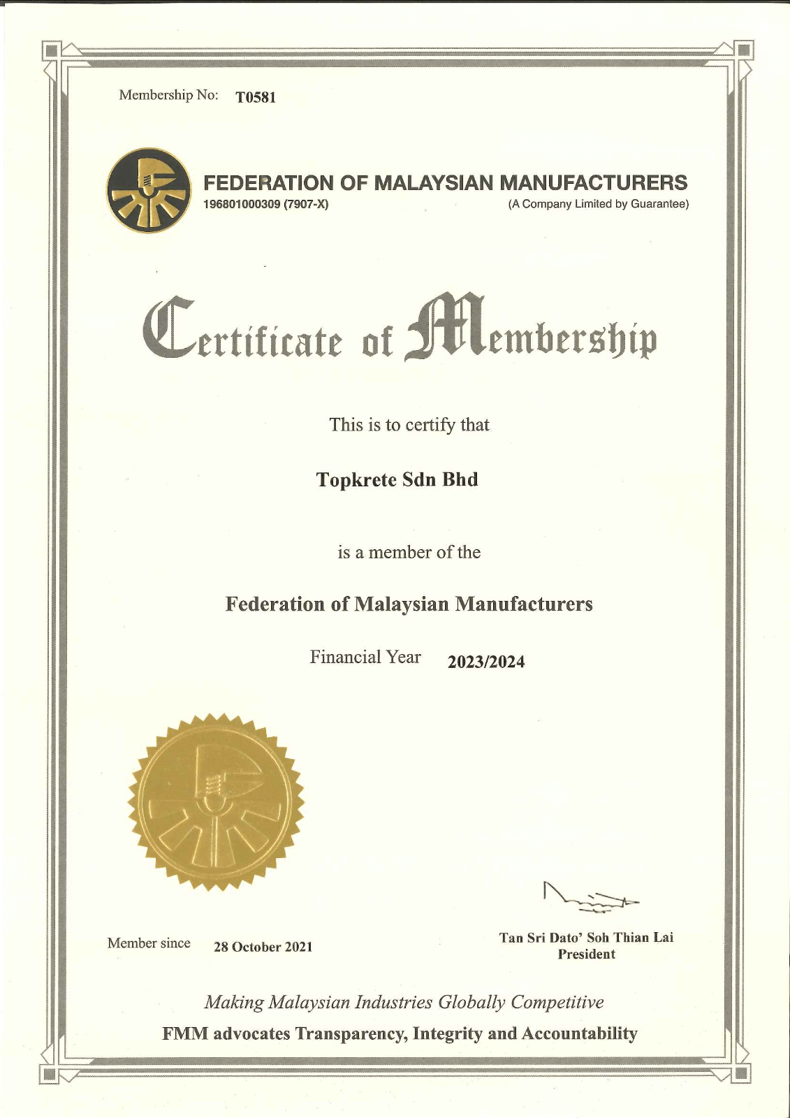 Member of Federation of Malaysian Manufacturer
