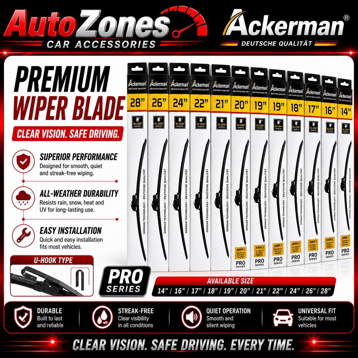 WIPER ACKERMANN German Technology XILCOAT Formula Silicone Wiper Blade | Quiet & Smooth Performance | Weather-Pro Durable Windscreen Wiper | Front & Rear Wiper for All Vehicle Models