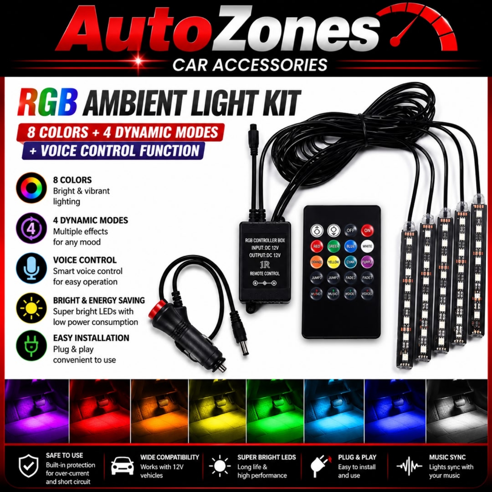 Car RGB LED Interior Ambient Light 4PCS 9LED Music Sync Wireless Remote Control USB Atmosphere Light Multicolor Under Dash Footwell Lighting Ki