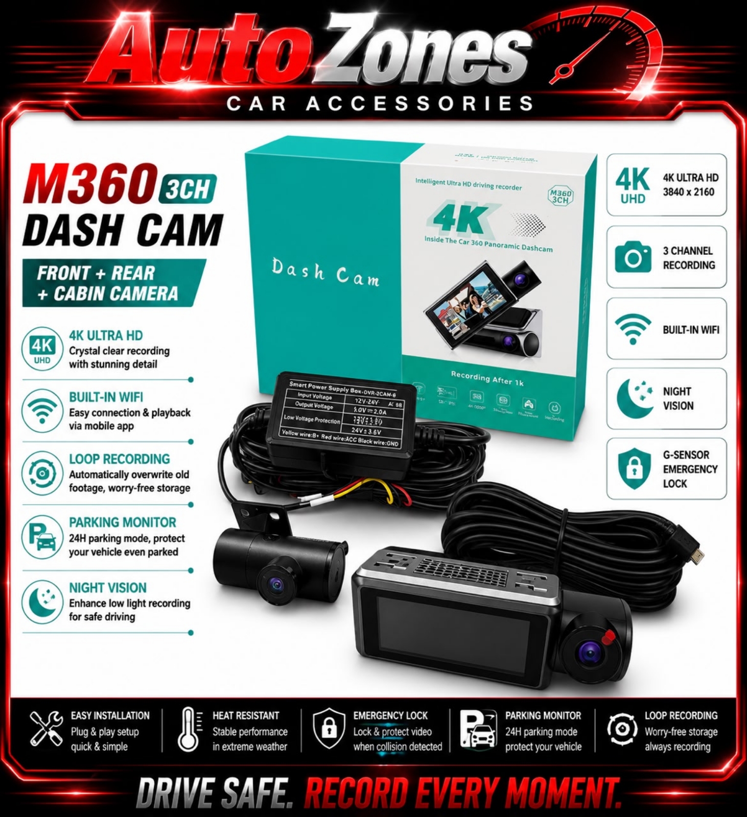 New Launch 3 Channel 4K HDR Dash Cam Front Rear Interior Camera HD Car DVR Video Recorder Night Vision Loop Recording G-Sensor for All Cars