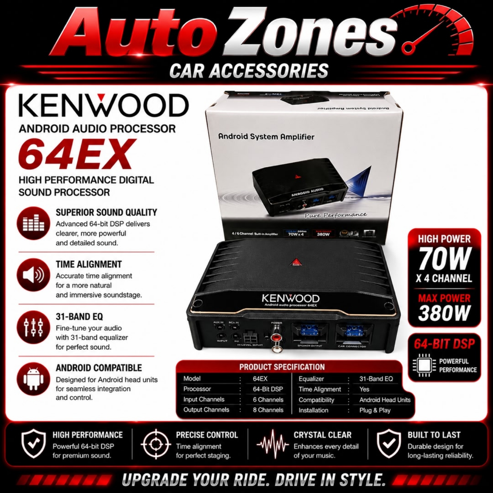 Kenwood Plug & Play DSP Power Amplifier 6 Channel Car Audio DSP Amplifier Digital Signal Processor Sound Quality Upgrade Universal Vehicle Audio System