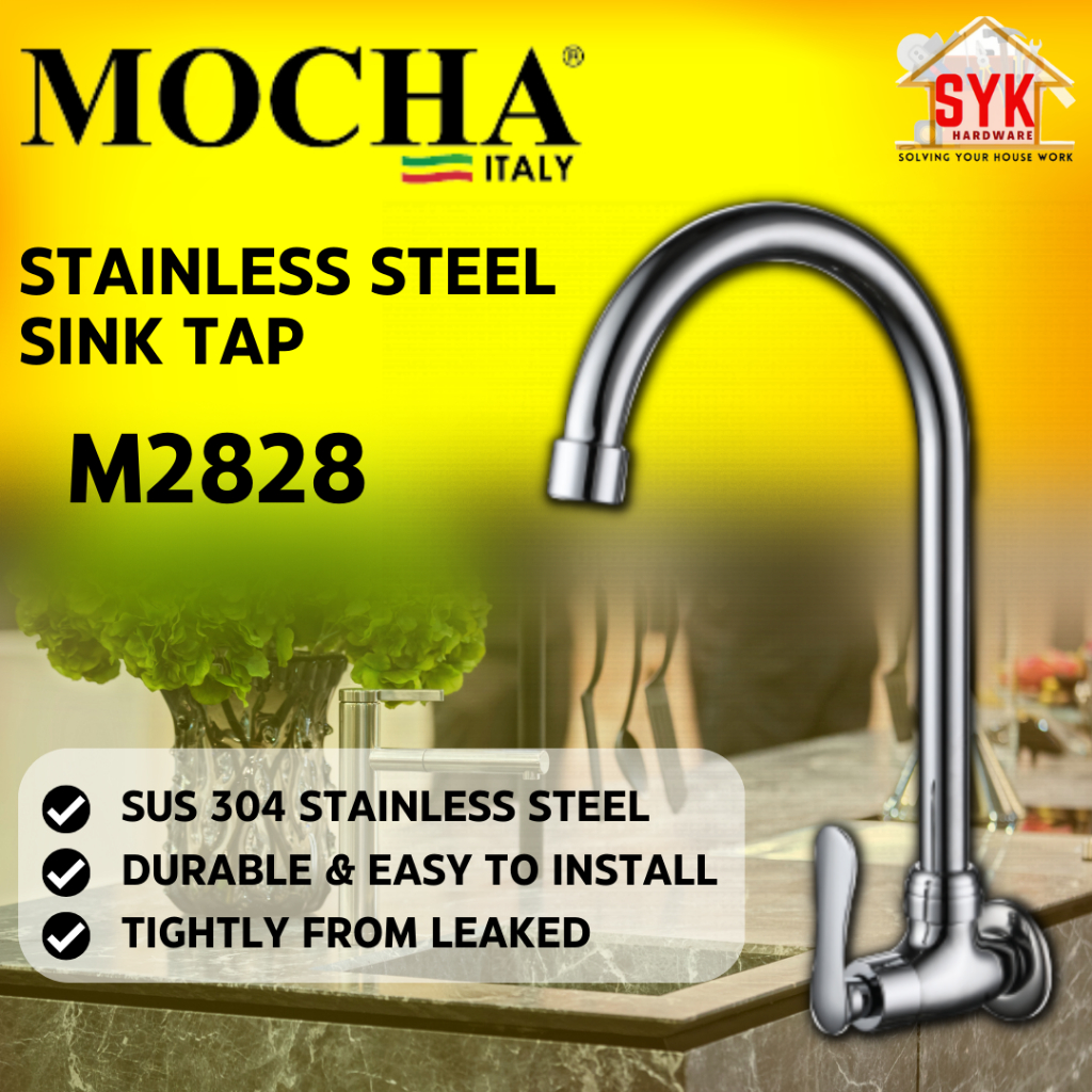 SYK MOCHA M2828 1Pcs Kitchen Sink Water Tap Stainless Steel Wall Mounted Sink Tap Paip Sinki Dapur
