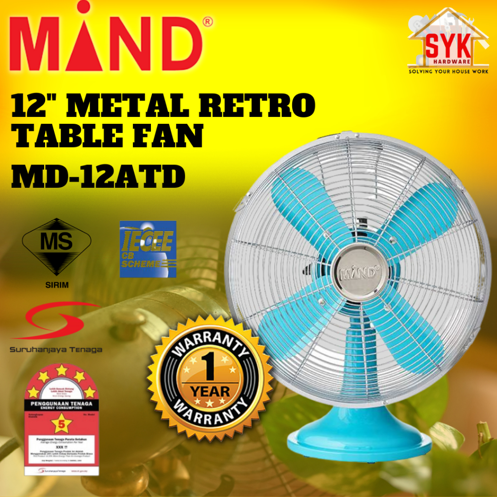 SYK Mind 12" MD-12ATD 1Pcs Premium Retro Metal Table Fan Electrical Table Fan Home Appliances Kipas Meja Besi