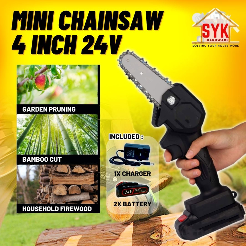 SYK Mini Rechargeable Cordless Handheld Electric Chainsaw 4 Inch Cordless Chainsaw 24V Mesin Gergaji Mini
