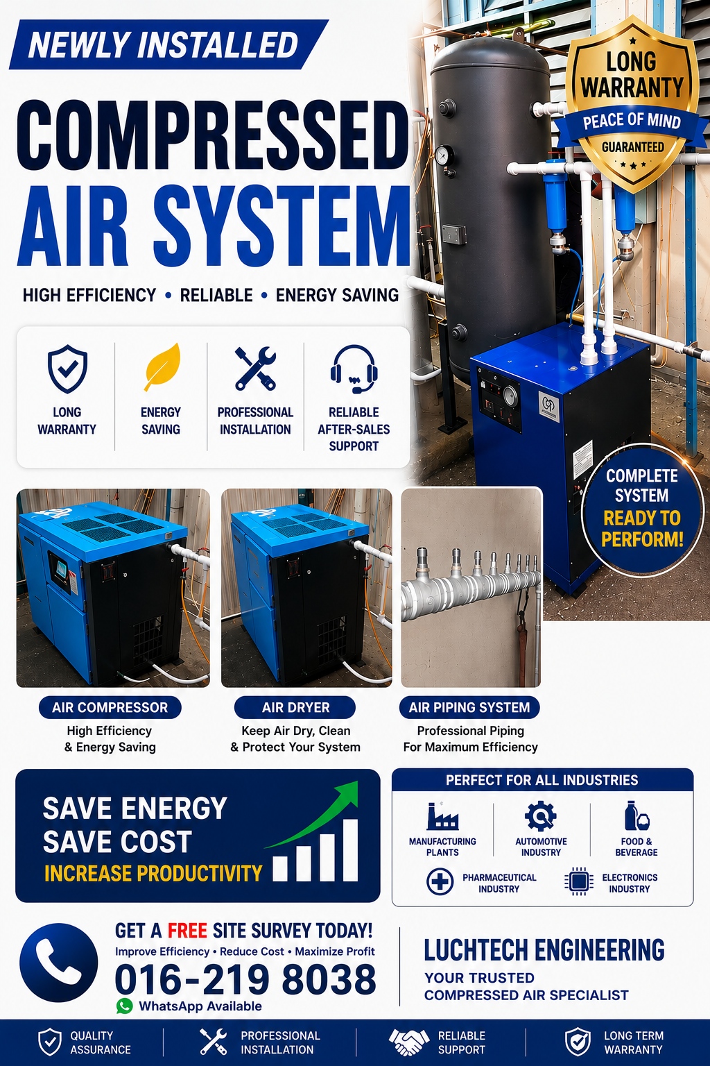 Newly Installed Compressed Air System-Long Warranty Protection