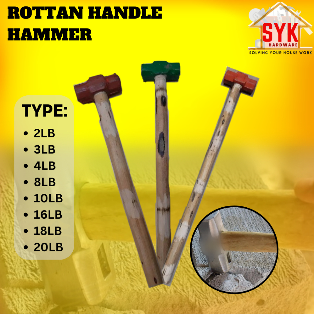 SYK Rottan Handle Hammer Heavy Duty Smashing Sledge Wooden Handle Hammer Breaking Concrete Tukul Besi Rottan
