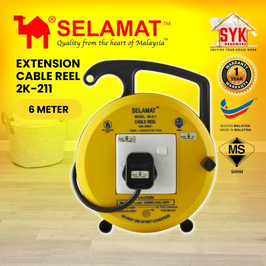 SYK SELAMAT 2K-211 6 Meter 1 Gang Portable Extension Cable Reel Plug Wire Heavy Duty Extension Cord Penyambung Wayar