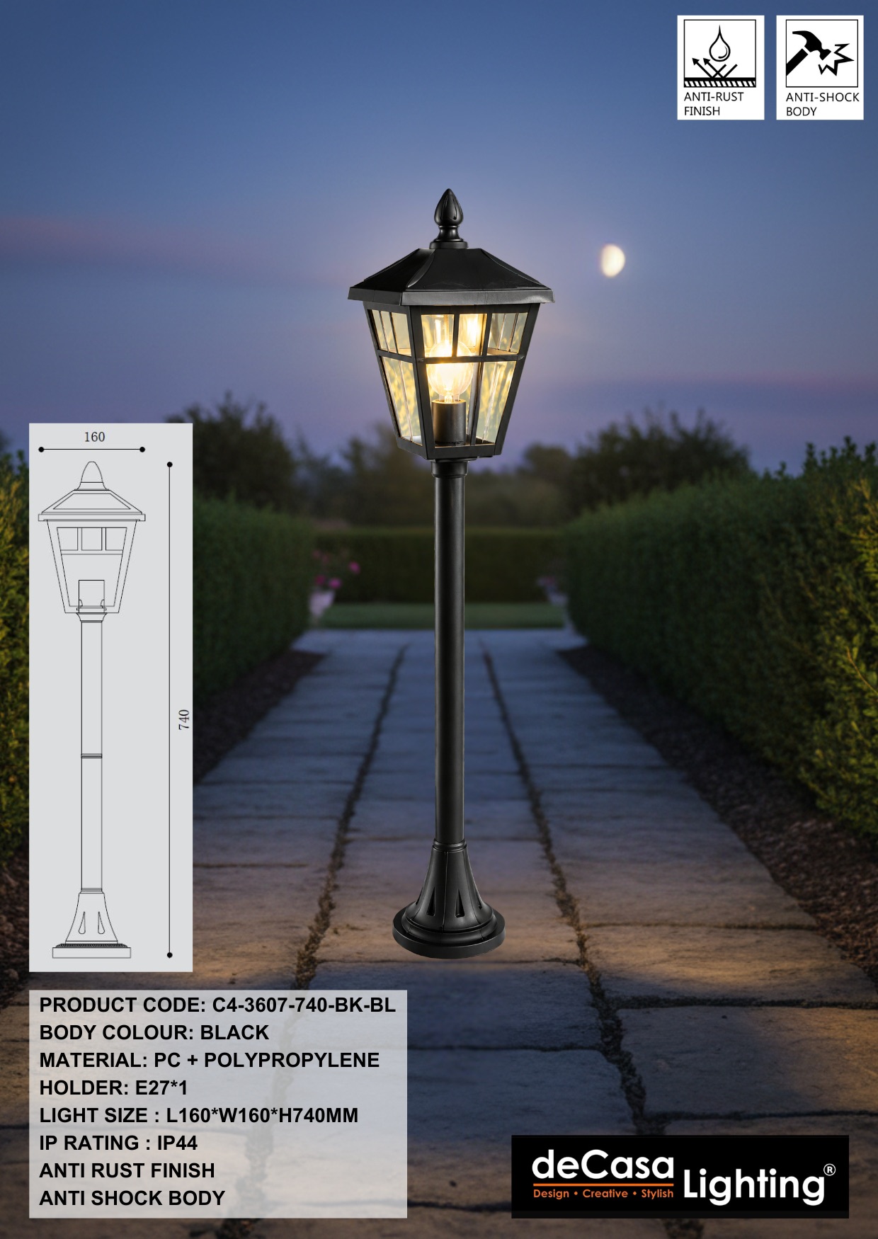 H740MM ANTI RUST OUTDOOR BOLLARD - BLACK (3607-740-BK-BL)