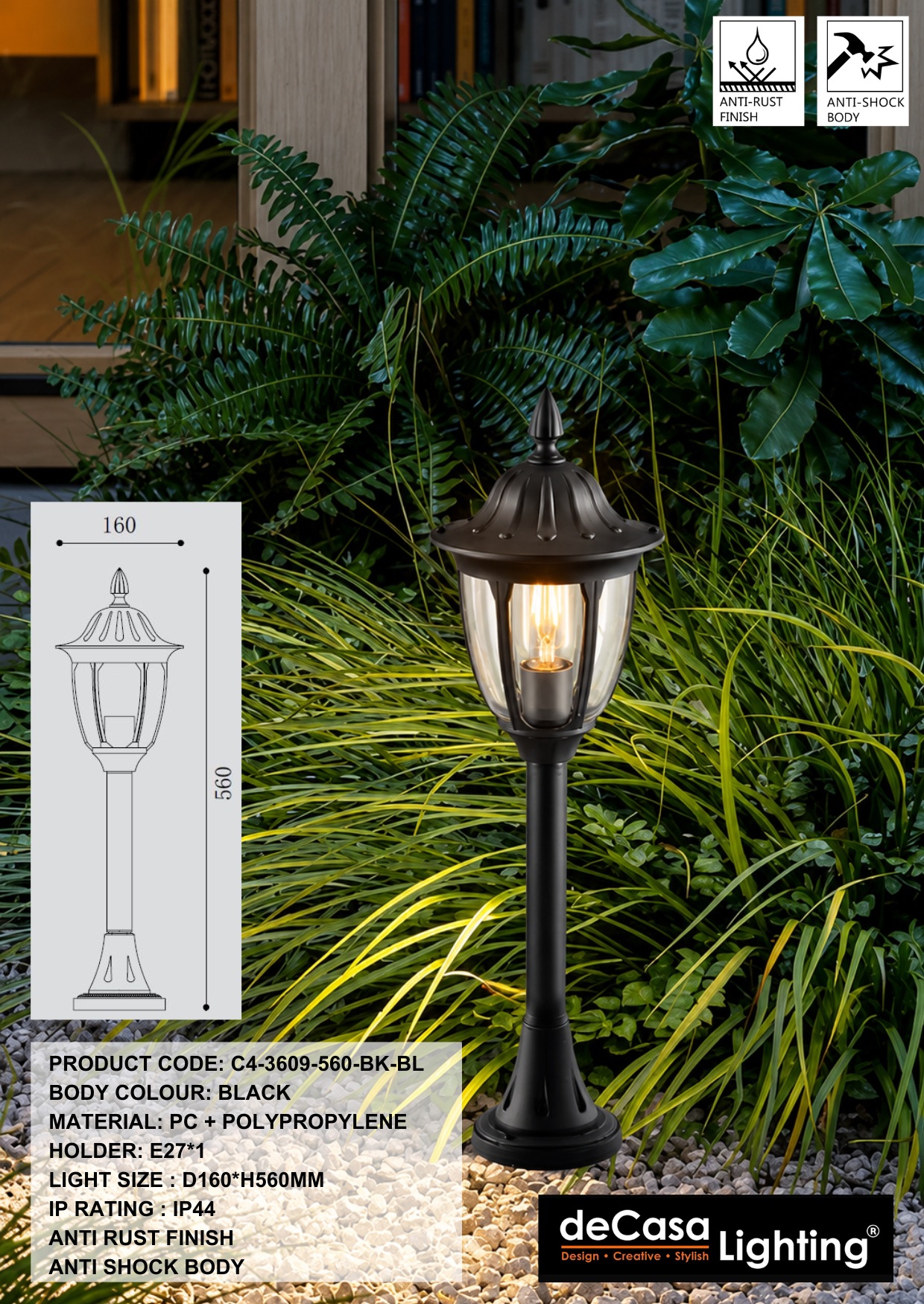 H560MM ANTI RUST OUTDOOR BOLLARD - BLACK (3609-560-BK-BL)