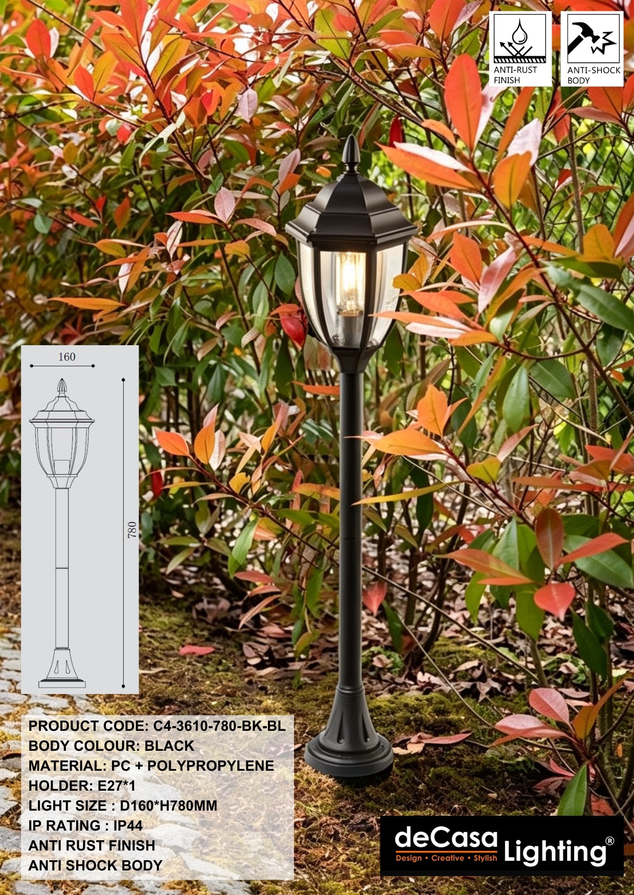 H780 ANTI RUST OUTDOOR BOLLARD - BLACK (3610-780-BK-BL)