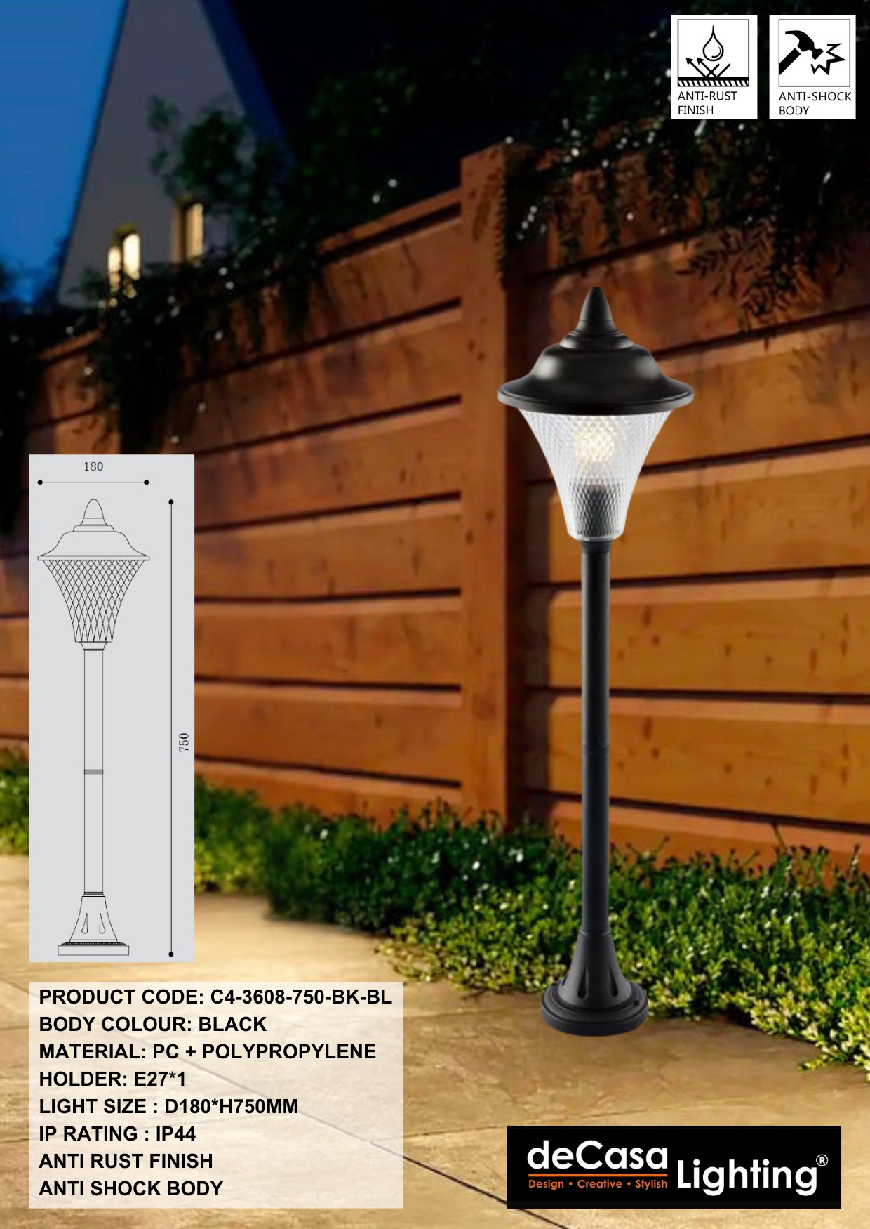 H750MM ANTI RUST OUTDOOR BOLLARD - BLACK (3608-750-BK-BL)