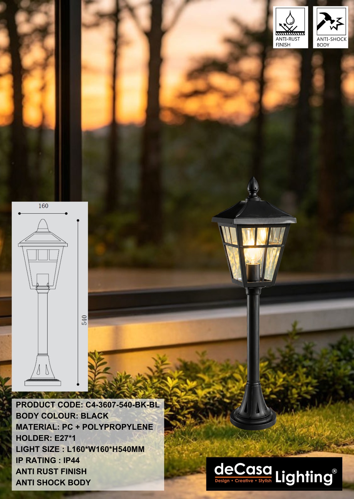 H540MM ANTI RUST OUTDOOR BOLLARD - BLACK (3607-540-BK-BL)