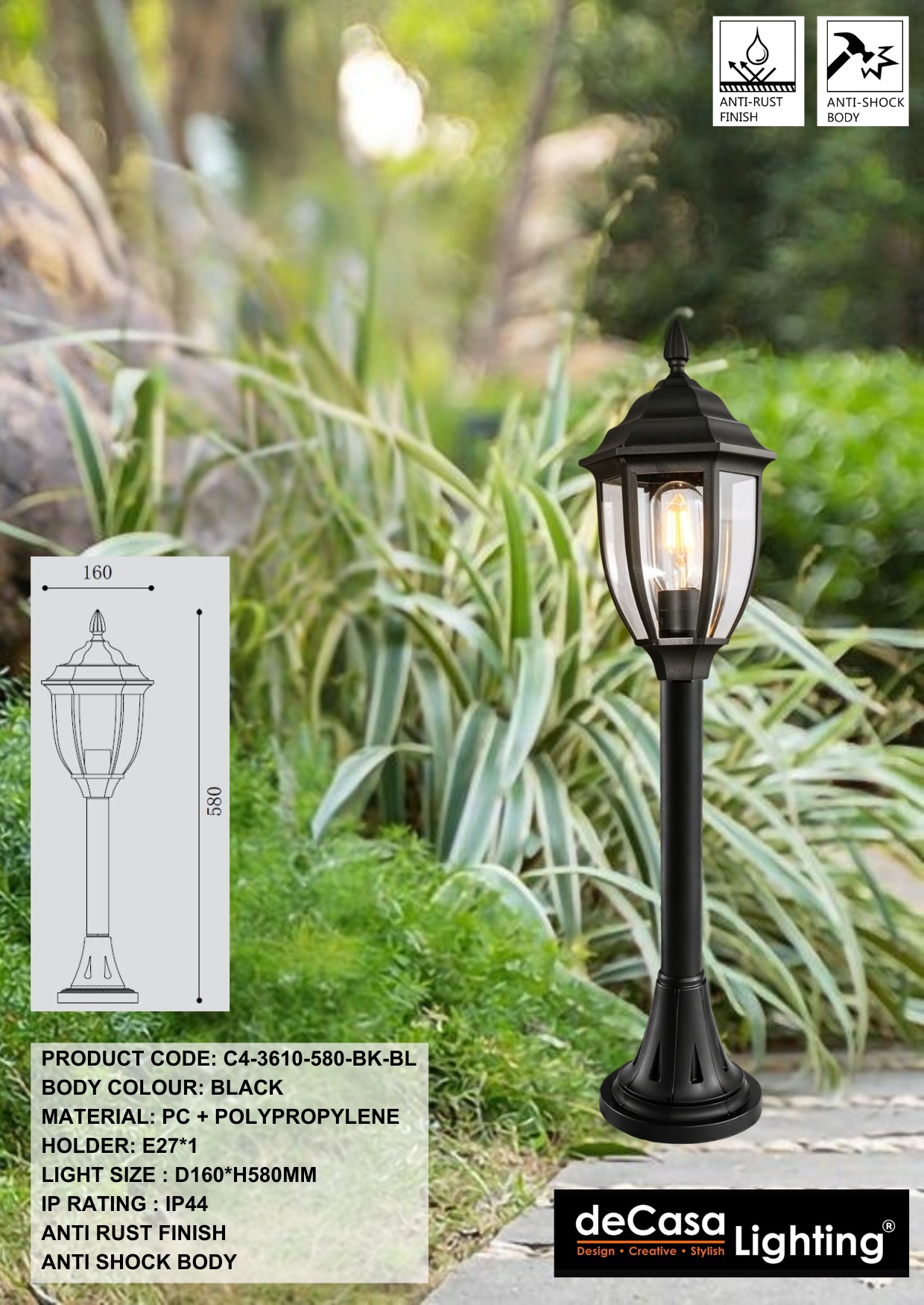 H580MM ANTI RUST OUTDOOR BOLLARD - BLACK (3610-580-BK-BL)