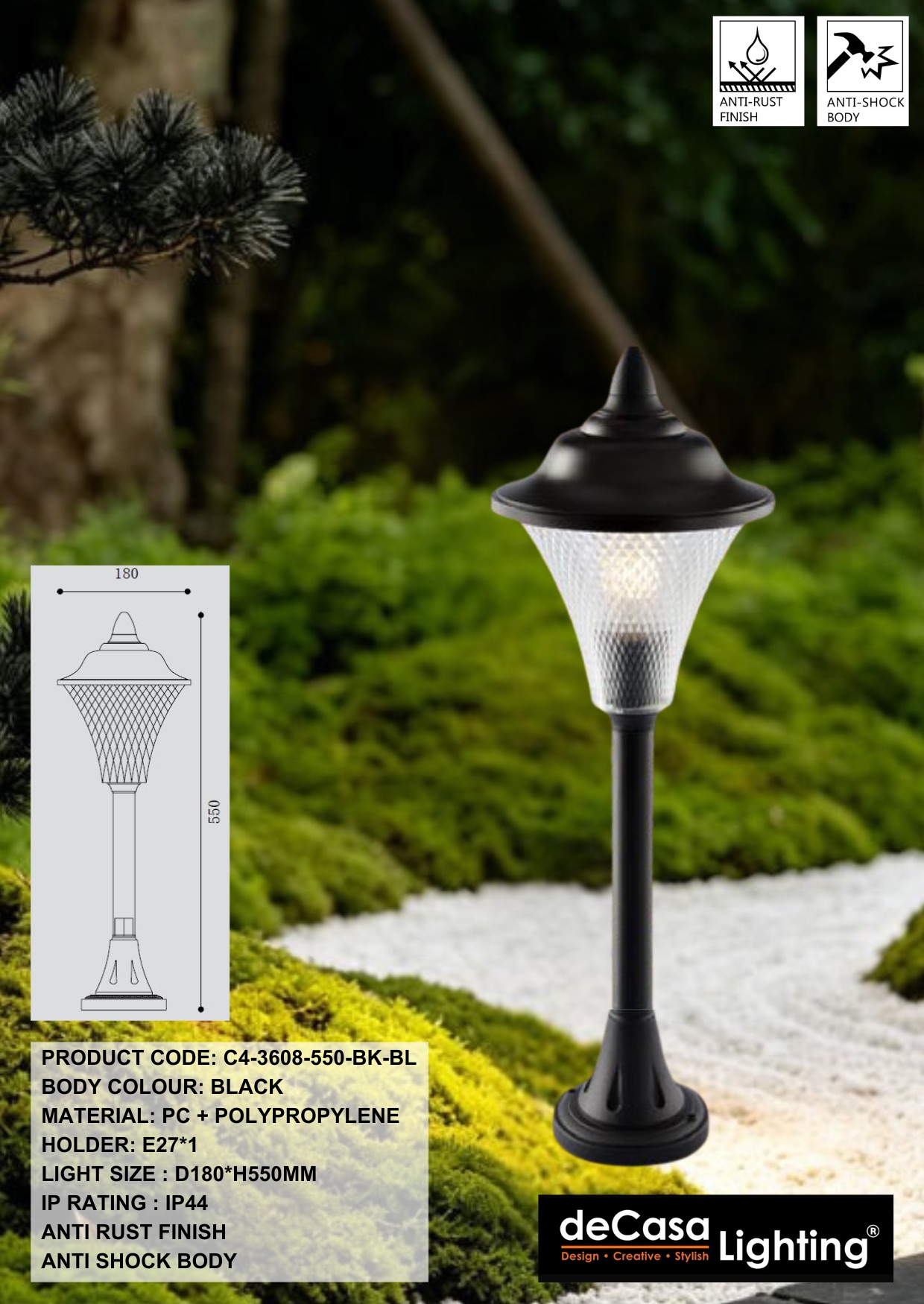 H550MM ANTI RUST OUTDOOR BOLLARD - BLACK (3608-550-BK-BL)