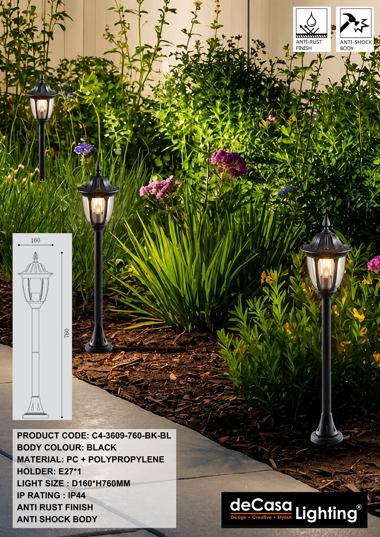 H760MM ANTI RUST OUTDOOR BOLLARD - BLACK (3609-760-BK-BL)