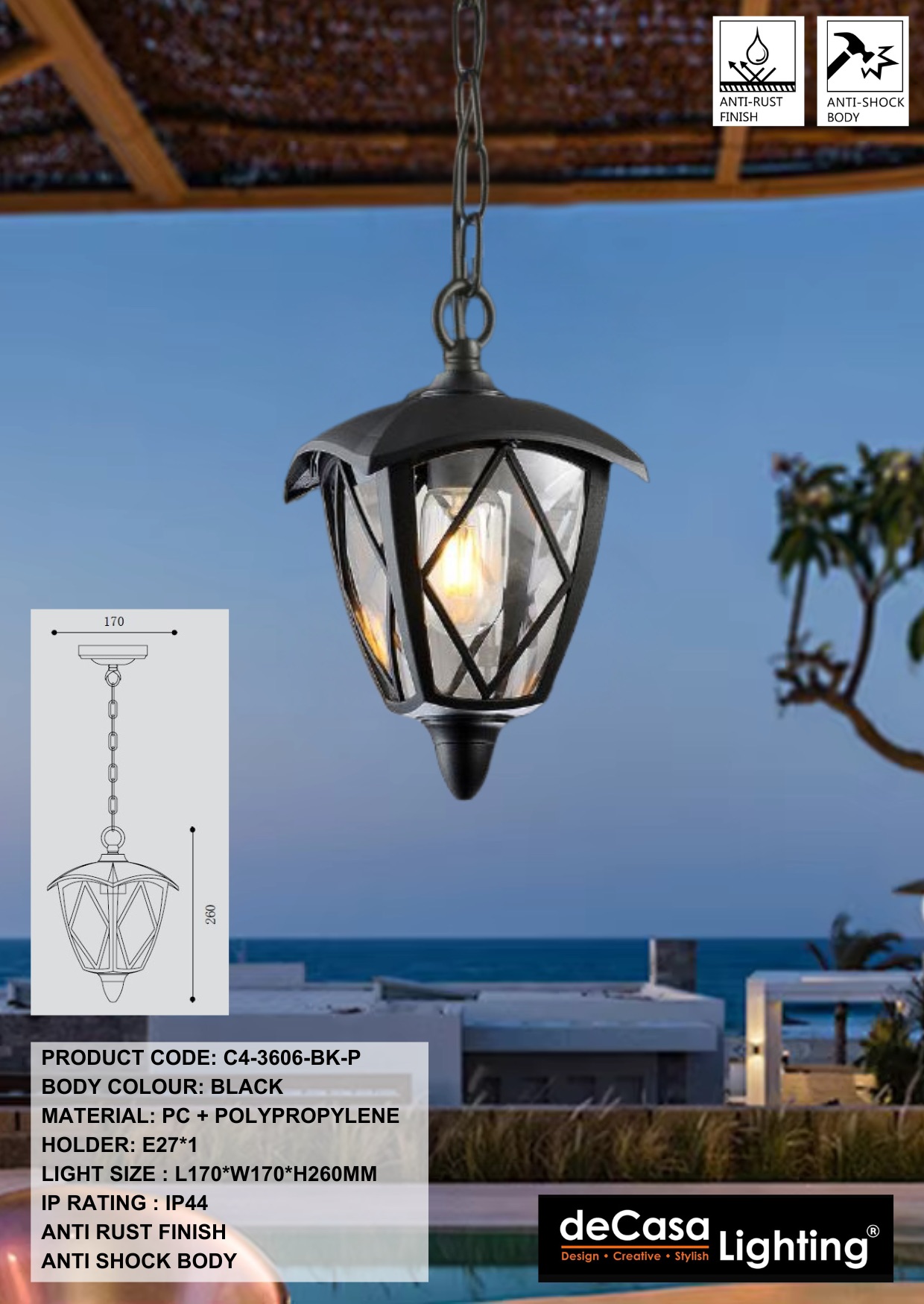 ANTI RUST OUTDOOR PENDANT LIGHT - BLACK (3606-BK-P)