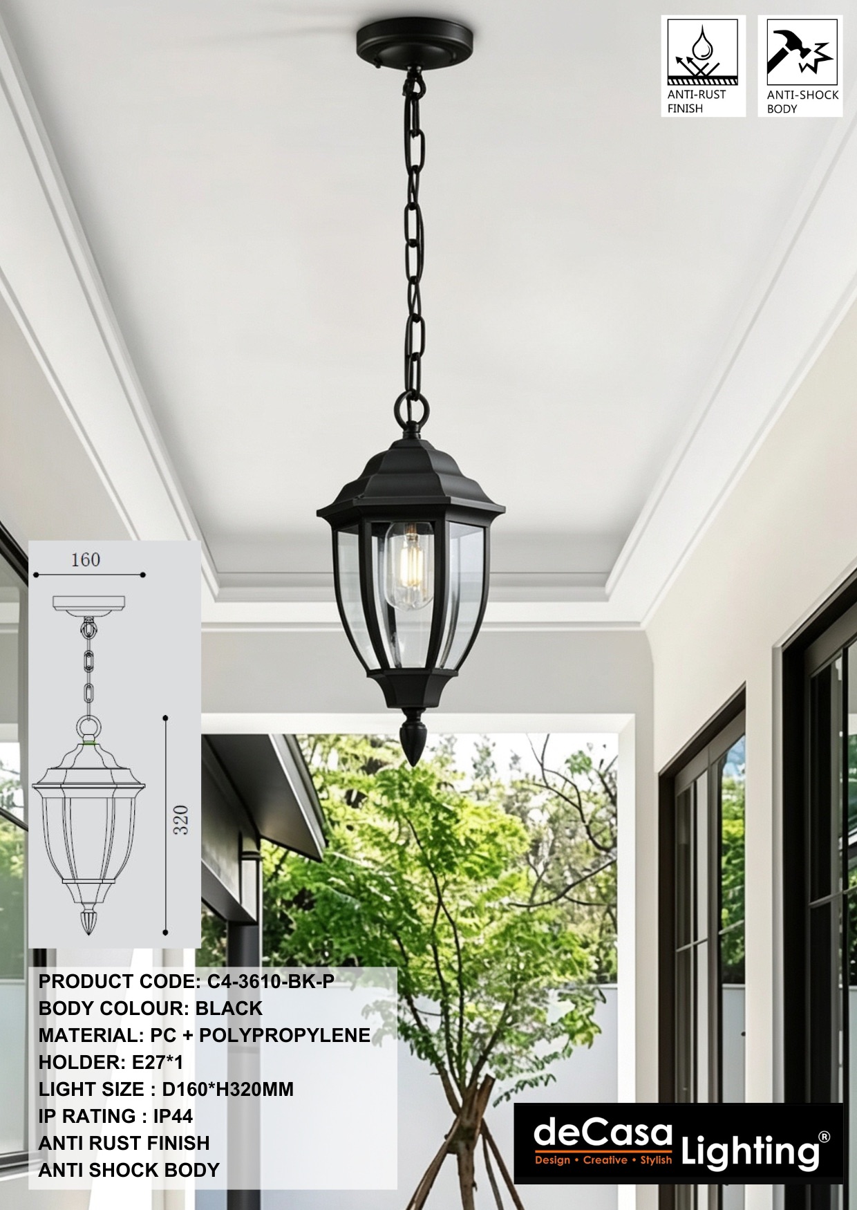 ANTI RUST OUTDOOR PENDANT LIGHT - BLACK (3610-BK-P)