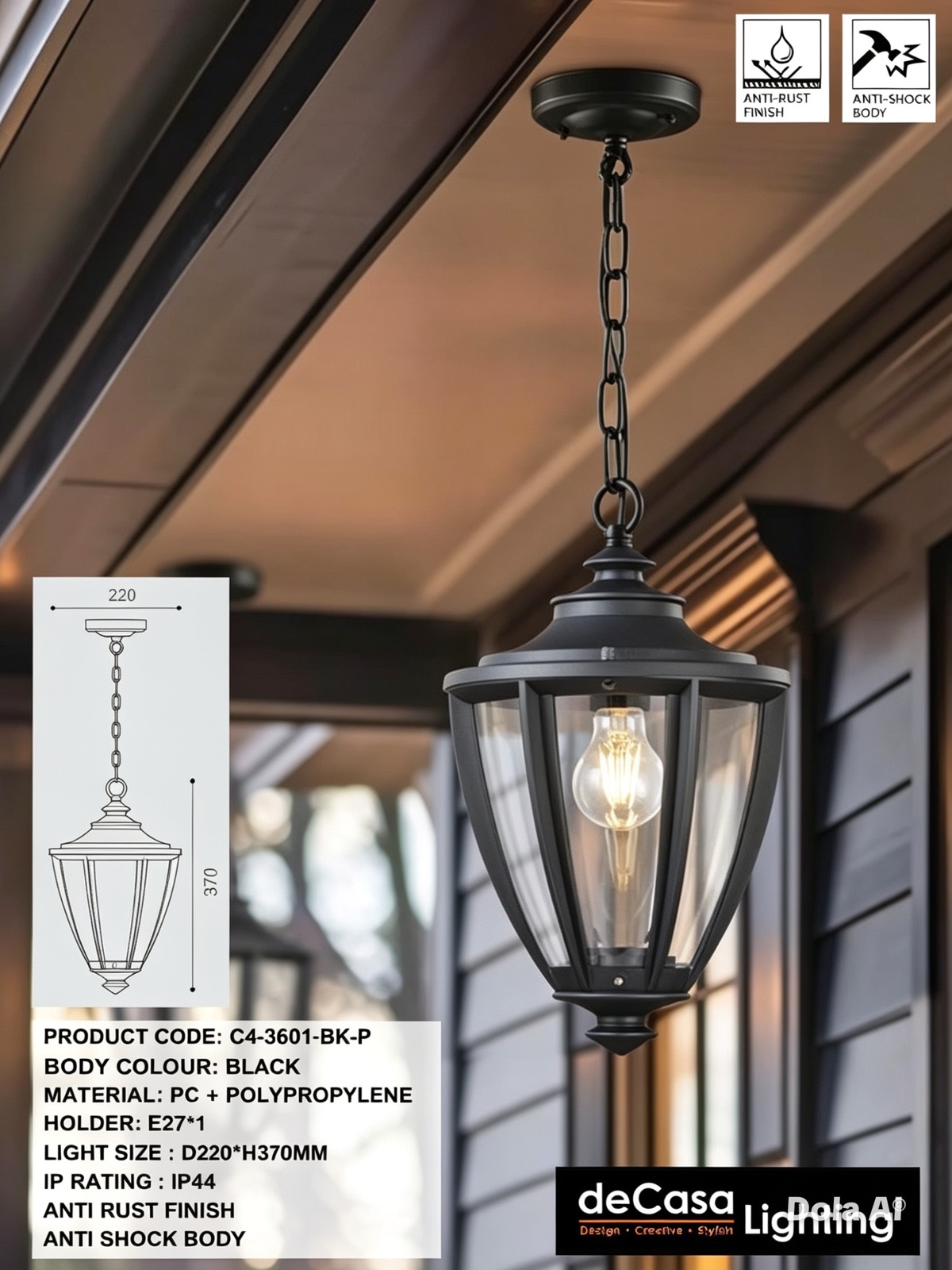 ANTI RUST OUTDOOR PENDANT LIGHT - BLACK (3601-BK-P)