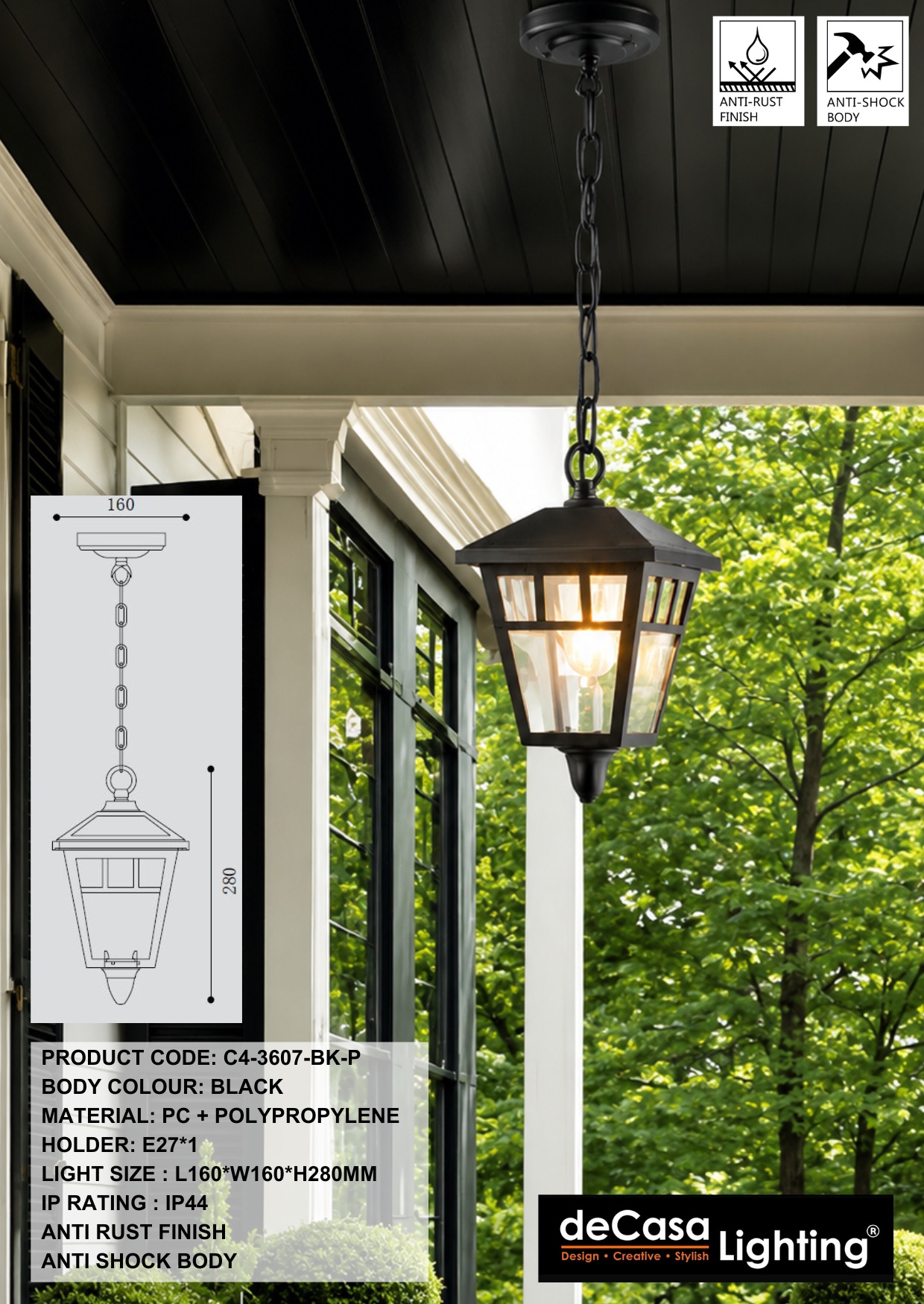 ANTI RUST OUTDOOR PENDANT LIGHT - BLACK (3607-BK-P)