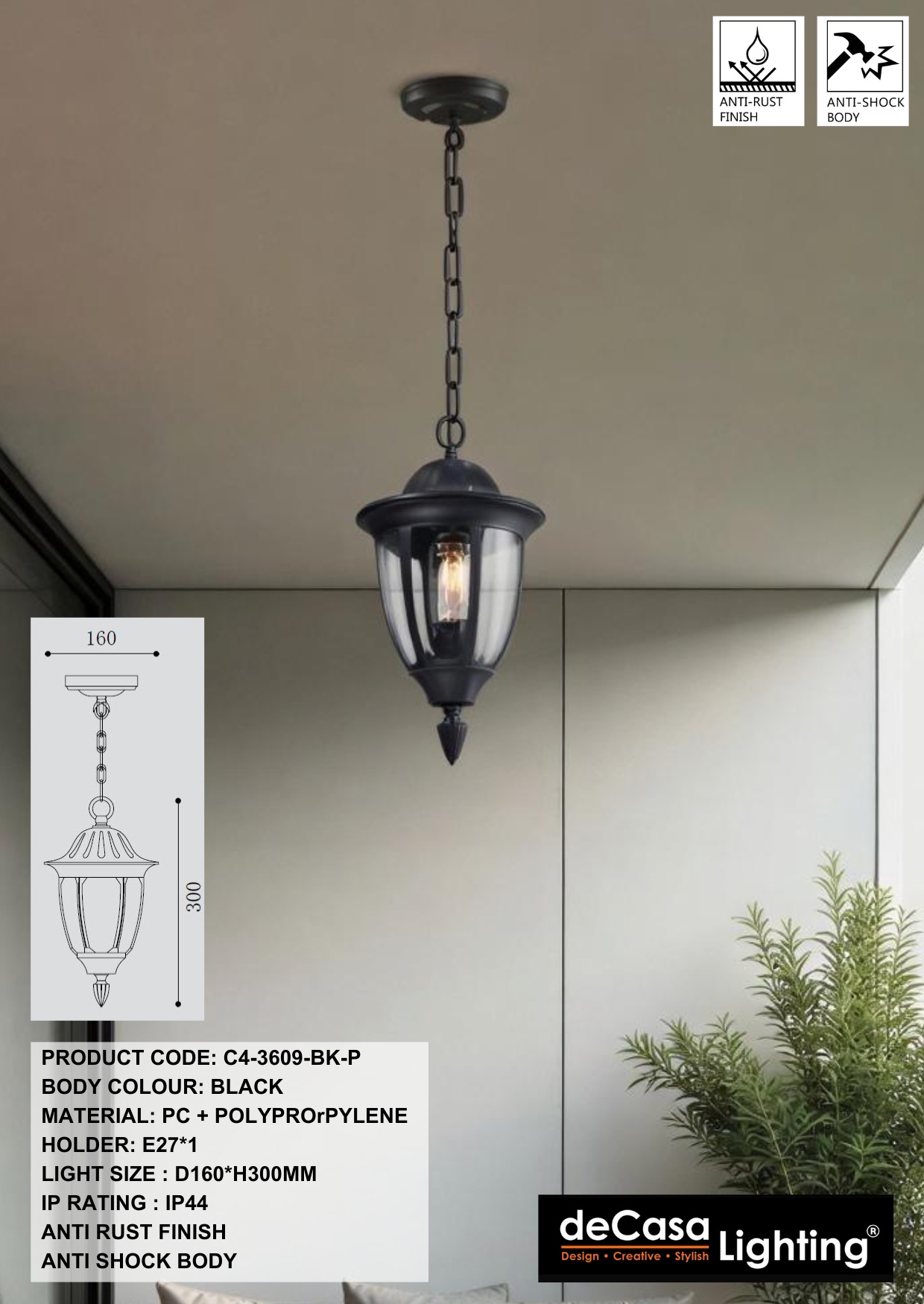 ANTI RUST OUTDOOR PENDANT LIGHT - BLACK (3609-BK-P)