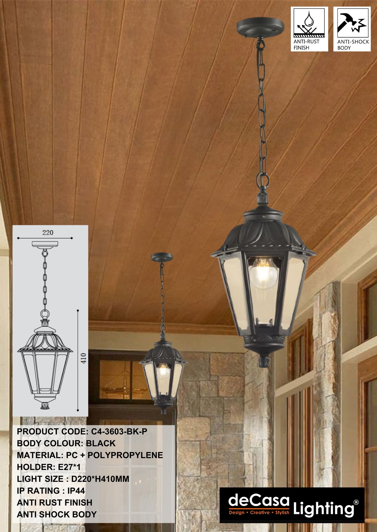 ANTI RUST OUTDOOR PENDANT LIGHT - BLACK (3603-BK-P)