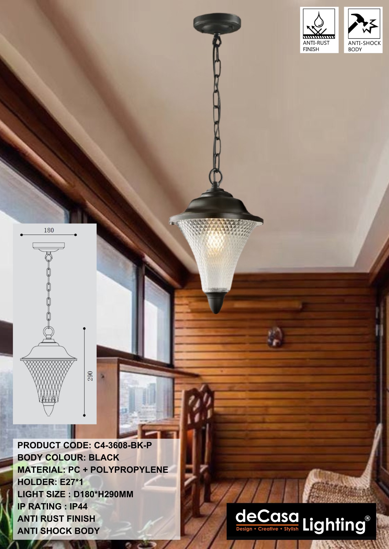 ANTI RUST OUTDOOR PENDANT LIGHT - BLACK (3608-BK-P)