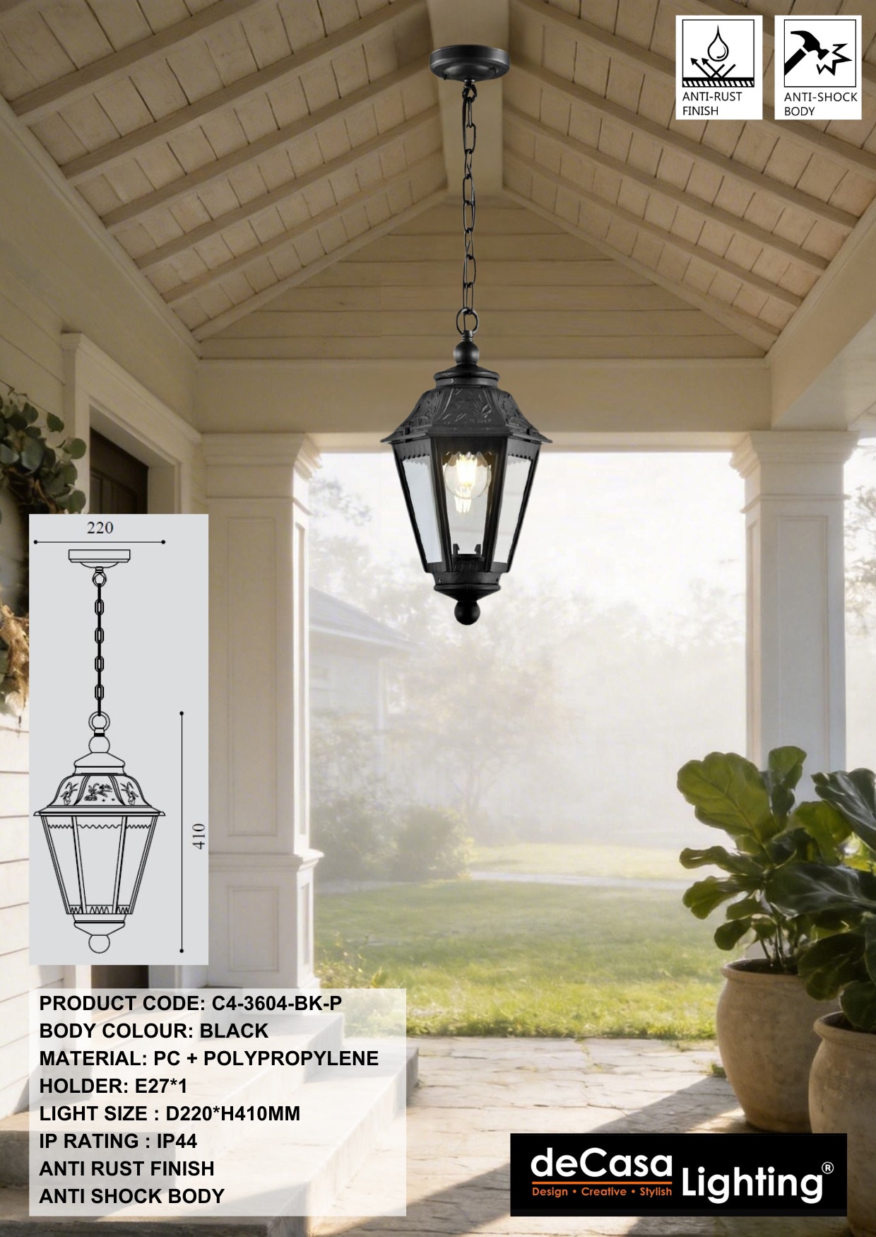 ANTI RUST OUTDOOR PENDANT LIGHT - BLACK (3604-BK-P)