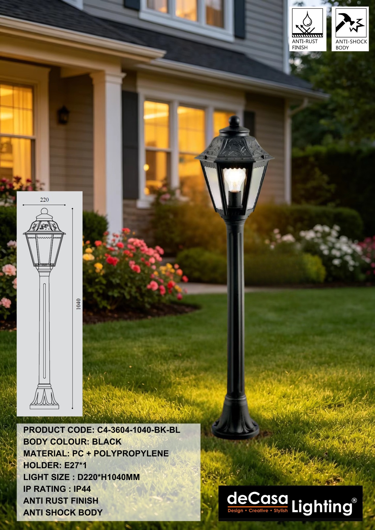 H1040MM ANTI RUST OUTDOOR BOLLARD / LANDSCAPE BOLLARD (3604-1040-BK-BL)