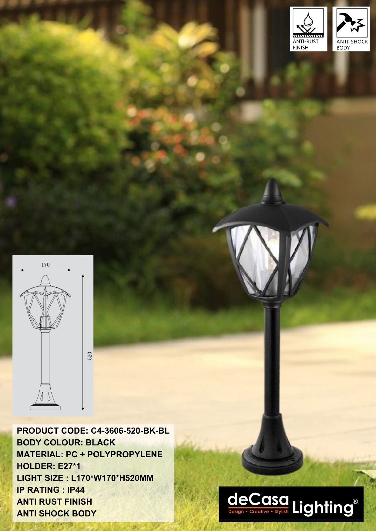 H520MM ANTI RUST OUTDOOR BOLLARD / LANDSCAPE BOLLARD  (3606-520-BK-BL)