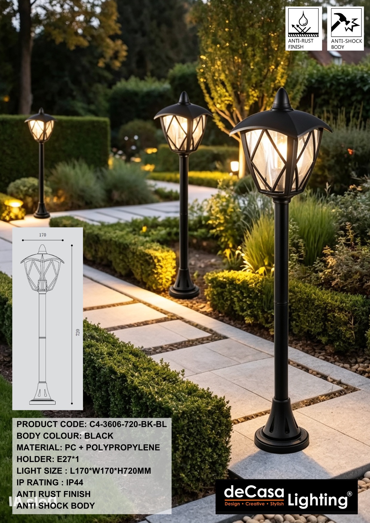 H720MM ANTI RUST OUTDOOR BOLLARD / LANDSCAPE BOLLARD (3606-720-BK-BL)