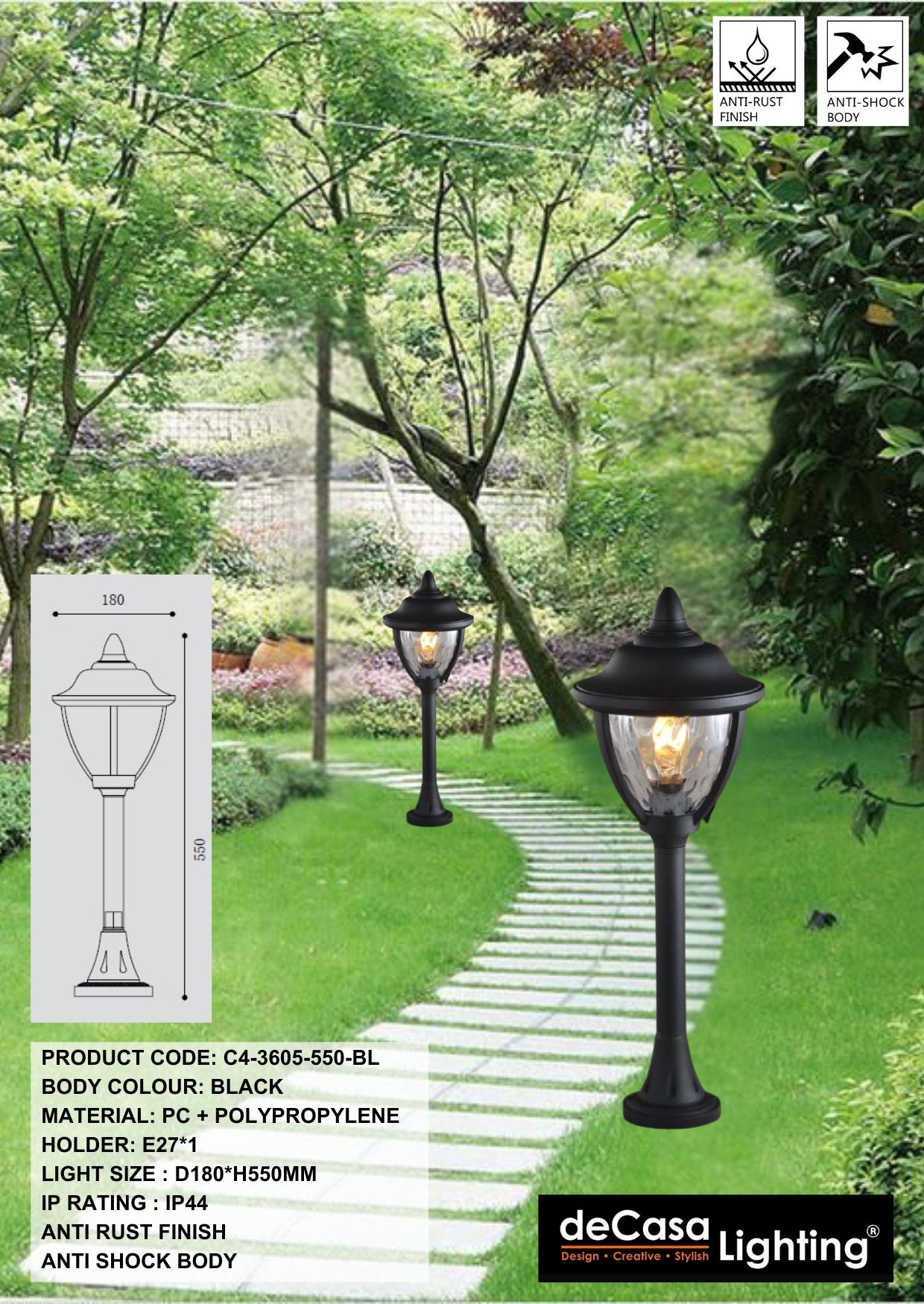 H550MM ANTI RUST OUTDOOR BOLLARD / LANDSCAPE BOLLARD (3605-550-BK-BL)