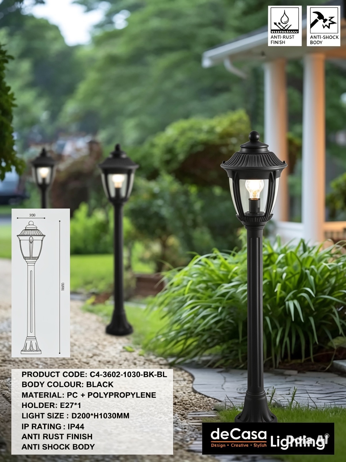 H1030MM ANTI RUST OUTDOOR BOLLARD / LANDSCAPE BOLLARD (3602-1030-BK-BL)