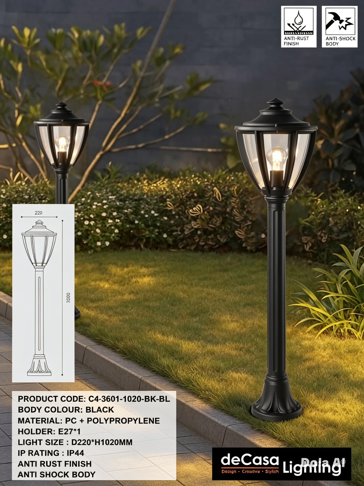 H1020MM ANTI RUST OUTDOOR BOLLARD / LANDSCAPE BOLLARD (3601-1020-BK-BL)