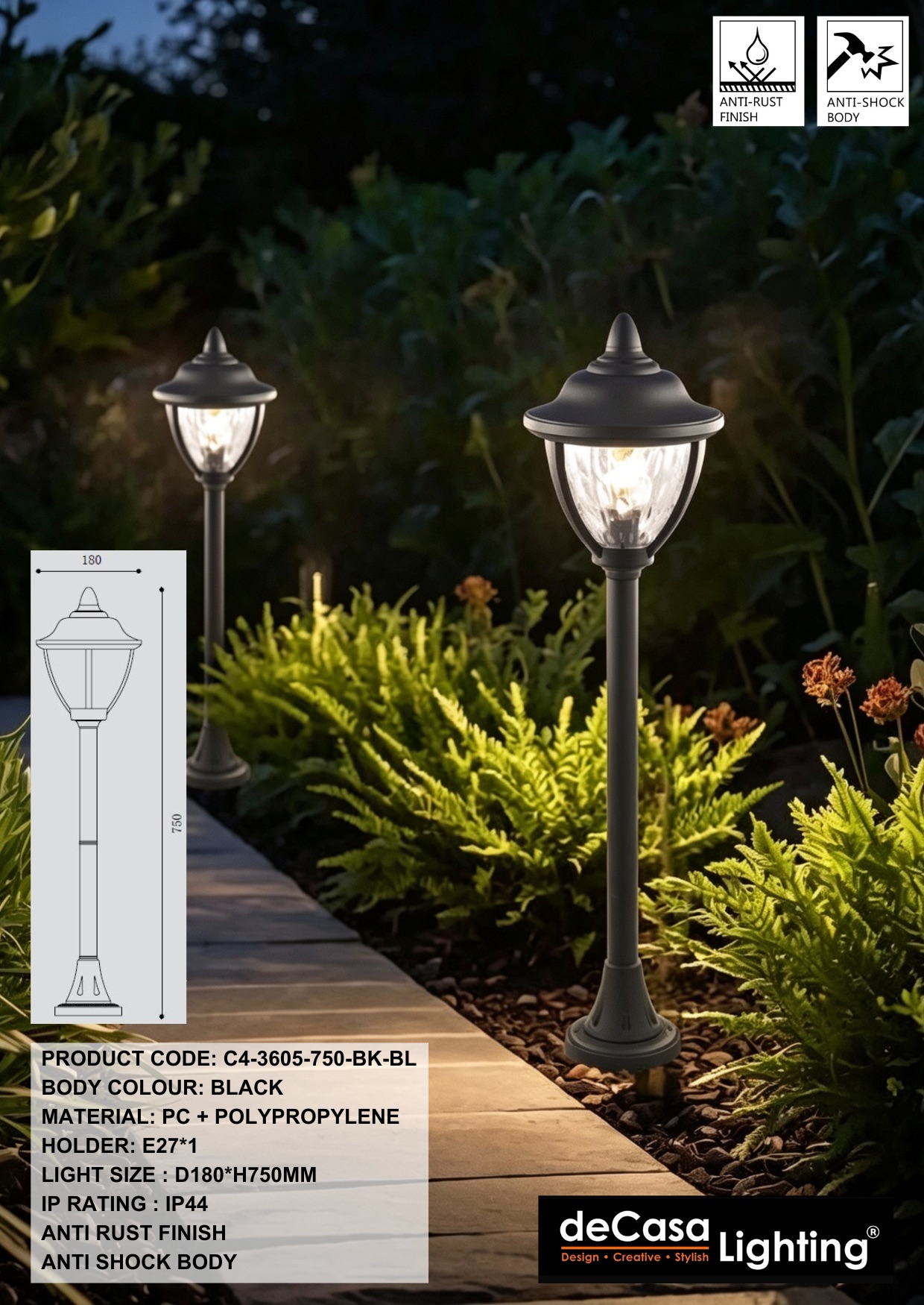 H750MM ANTI RUST OUTDOOR BOLLARD / LANDSCAPE BOLLARD (3605-750-BK-BL)