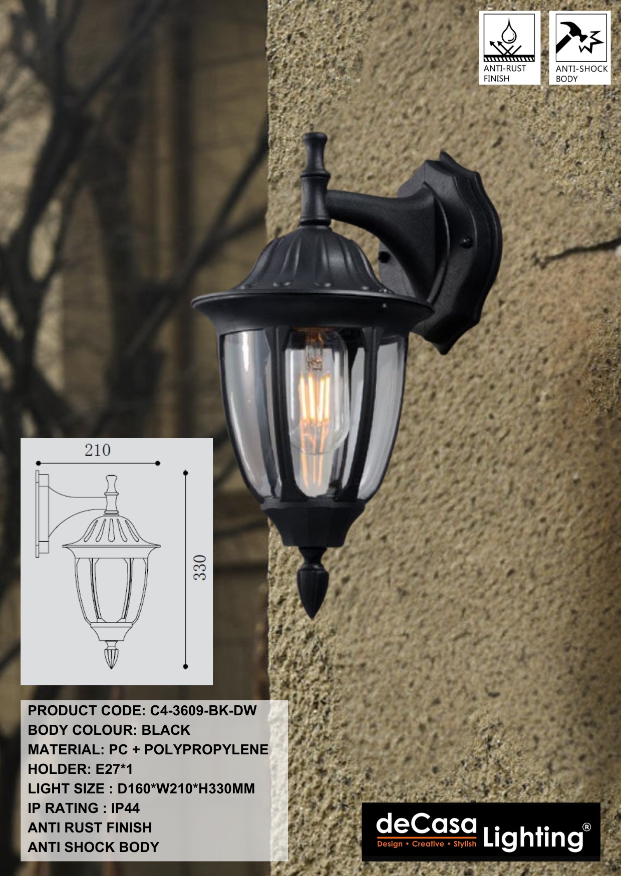 ANTI RUST CLASSIC OUTDOOR WALL LIGHT (3609-BK-DW)