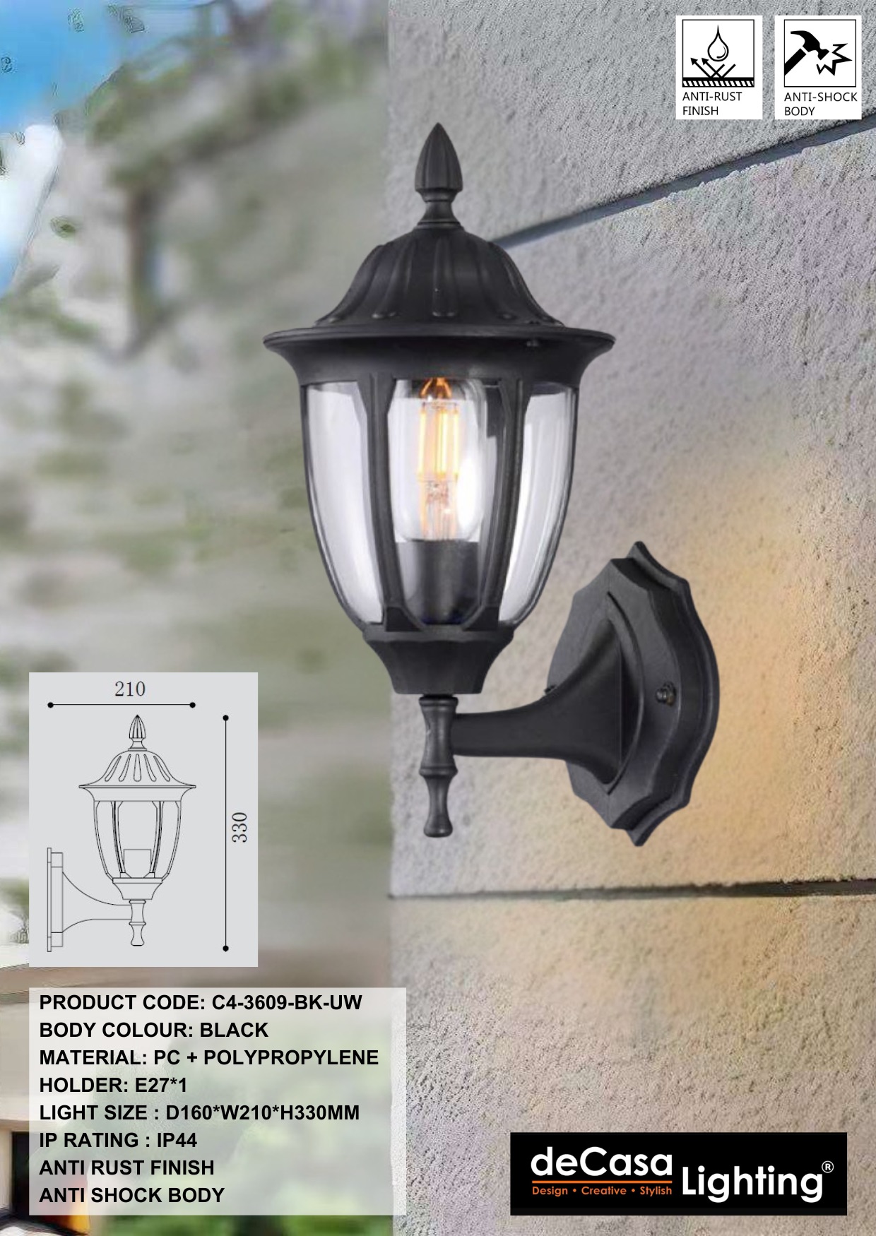 ANTI RUST CLASSIC OUTDOOR WALL LIGHT (3609-BK-UW)