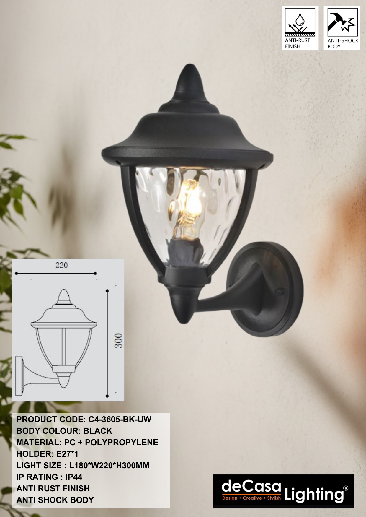 ANTI RUST CLASSIC OUTDOOR WALL LIGHT (3605-BK-UW)